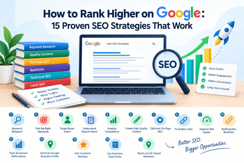 How to rank higher on Google with 15 proven SEO strategies, including keyword research, quality content, on-page SEO, backlinks, and local SEO.