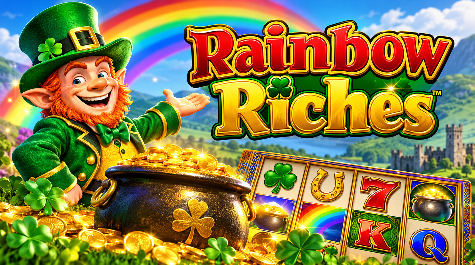 Rainbow Riches slot game with a leprechaun, gold coins, rainbow, and slot reels