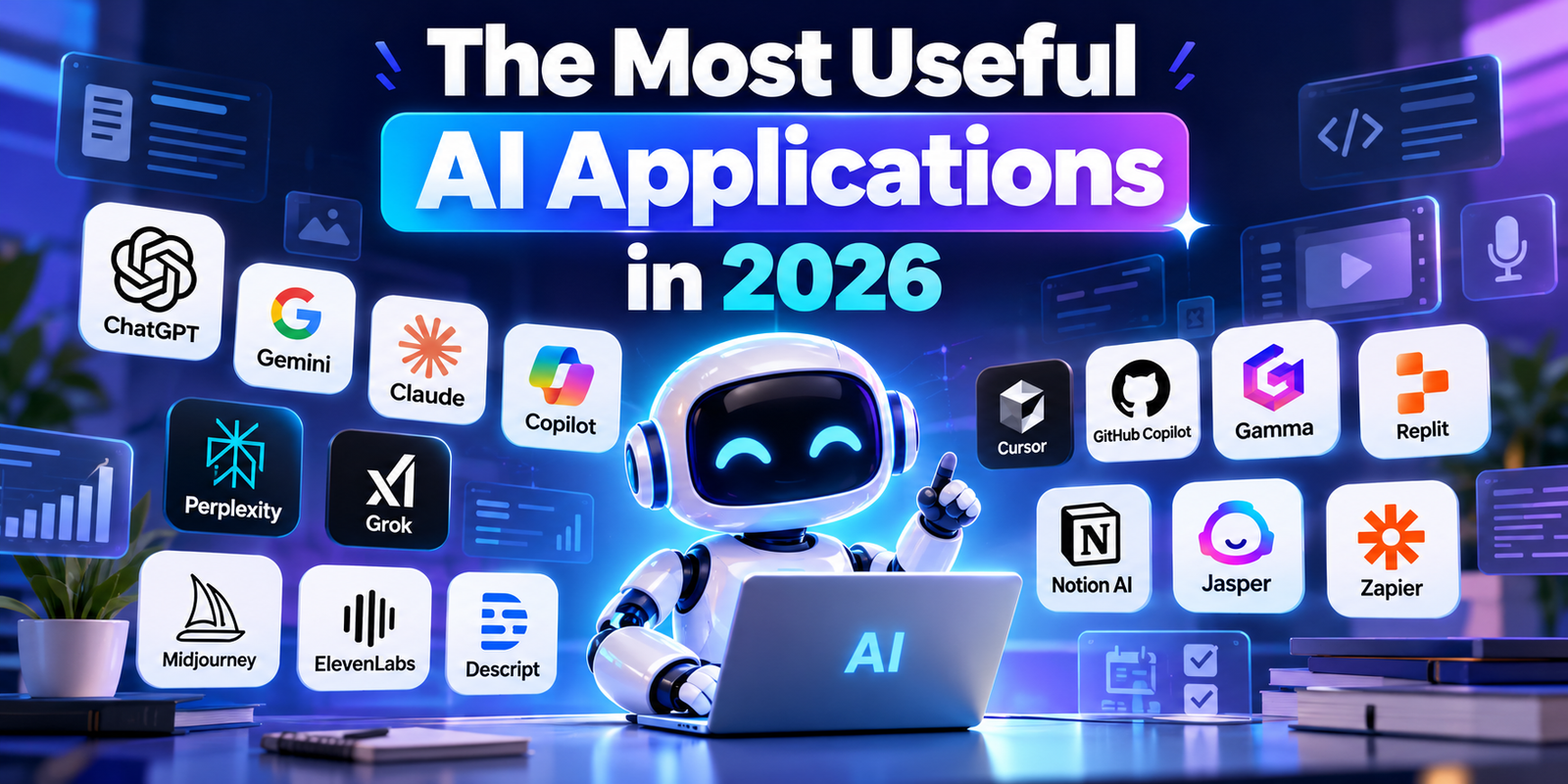 The Most Useful AI Applications in 2026 featuring popular AI tools for writing, research, coding, image generation, video editing, and productivity